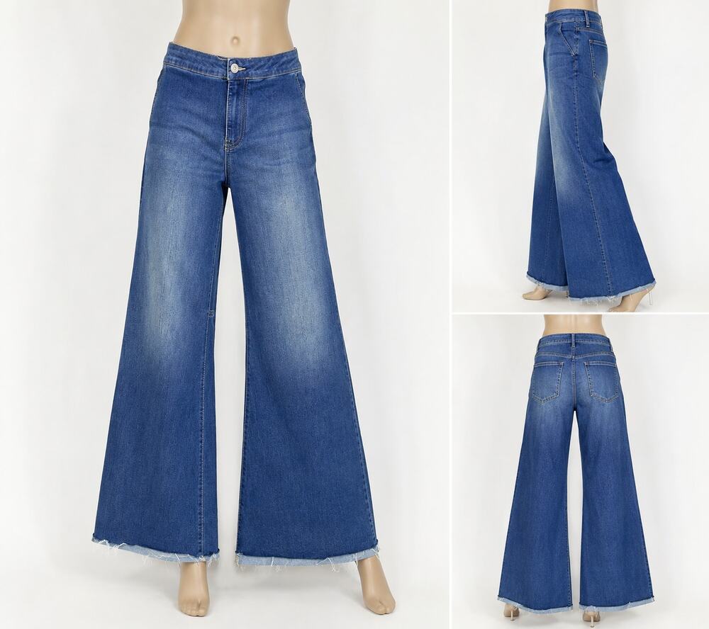 Thirty 30 Women's Wide Leg Flare Jeans Size 38 Blue High Rise Raw Hem Y2K